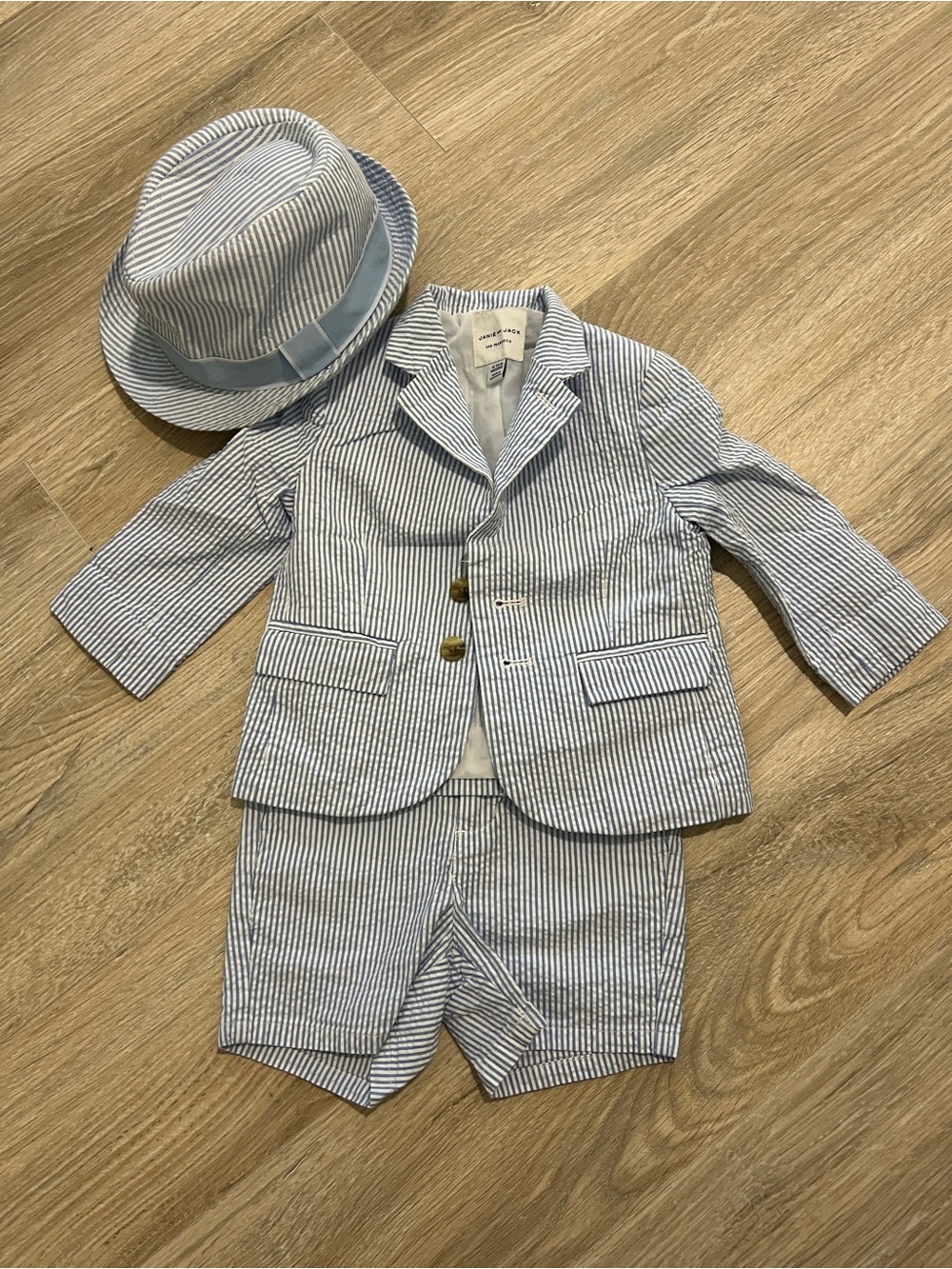 Janie and Jack Blue and White Striped Blazer shorts & hat